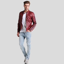 Load image into Gallery viewer, Steven Red Cafe Racer Leather Jacket - Shearling leather