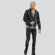 Load image into Gallery viewer, Dylan Black Motorcycle Leather Jacket - Shearling leather