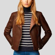 Load image into Gallery viewer, Olivia Brown Motorcycle Leather Jacket - Shearling leather