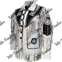 Load image into Gallery viewer, Men's Suede Fringe Jacket White Black Cow Hide Stylish Suede Jacket - Shearling leather