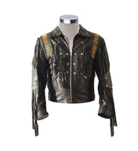 Load image into Gallery viewer, Men's Bluish Black Leather Western Cowboy Leather Jacket Fringe Bones - Shearling leather