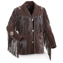 Load image into Gallery viewer, Men's Bluish Brown Suede Western Cowboy Leather Jacket Fringe Bones - Shearling leather