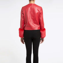 Load image into Gallery viewer, Women's Red Leather biker jacket with Faux Fur