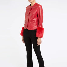 Load image into Gallery viewer, Women's Red Leather biker jacket with Faux Fur