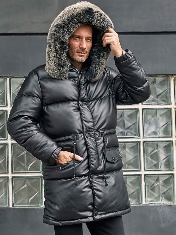 Leather Down Jacket With Fox Fur Collar Long Winter Coat Hooded Warm O