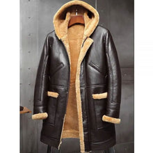 Load image into Gallery viewer, Mens RAF Hooded Shearling Sheepskin Leather Long Jacket Winter Coats