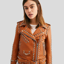 Load image into Gallery viewer, Avail Tan Studded Leather Jacket - Shearling leather