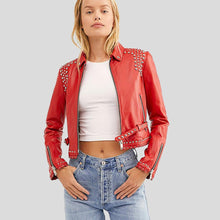 Load image into Gallery viewer, Isabel Red Studded Leather Jacket - Shearling leather