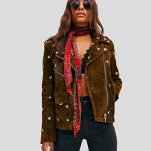 Load image into Gallery viewer, Melody Brown Studded Suede Leather Jacket - Shearling leather