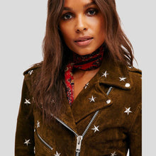 Load image into Gallery viewer, Melody Brown Studded Suede Leather Jacket - Shearling leather