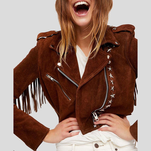 Nora Brown Studded Suede Leather Jacket Fringes - Shearling leather