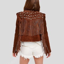 Load image into Gallery viewer, Nora Brown Studded Suede Leather Jacket Fringes - Shearling leather