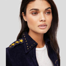 Load image into Gallery viewer, Eliza Blue Studded Suede Leather Jacket - Shearling leather