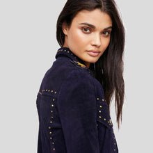 Load image into Gallery viewer, Eliza Blue Studded Suede Leather Jacket - Shearling leather
