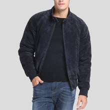 Load image into Gallery viewer, Admiral Navy Blue Suede Bomber Leather Jacket - Shearling leather