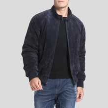 Load image into Gallery viewer, Admiral Navy Blue Suede Bomber Leather Jacket - Shearling leather