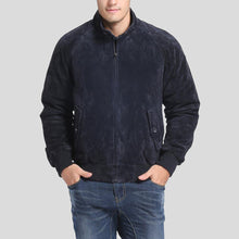 Load image into Gallery viewer, Admiral Navy Blue Suede Bomber Leather Jacket - Shearling leather