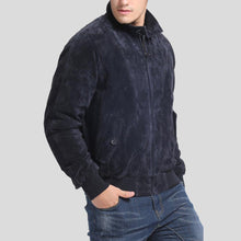 Load image into Gallery viewer, Admiral Navy Blue Suede Bomber Leather Jacket - Shearling leather