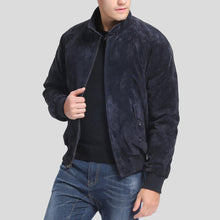 Load image into Gallery viewer, Admiral Navy Blue Suede Bomber Leather Jacket - Shearling leather