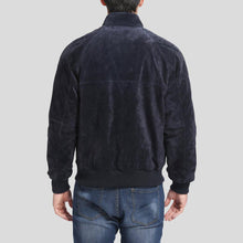 Load image into Gallery viewer, Admiral Navy Blue Suede Bomber Leather Jacket - Shearling leather