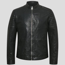 Load image into Gallery viewer, Troy Black Racer Leather Jacket - Shearling leather
