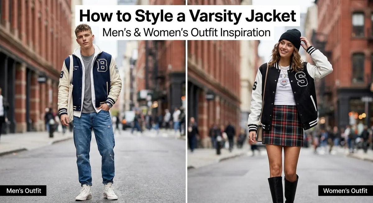 Men and women wearing varsity jackets styled for casual and smart outfits