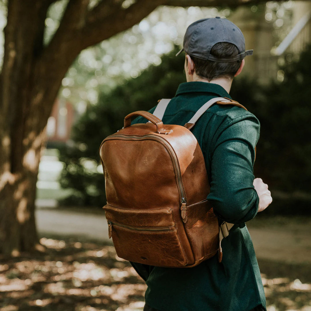 brown leather backpack