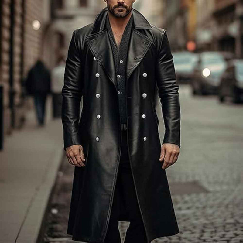 man wearing double breasted black leather trench coat