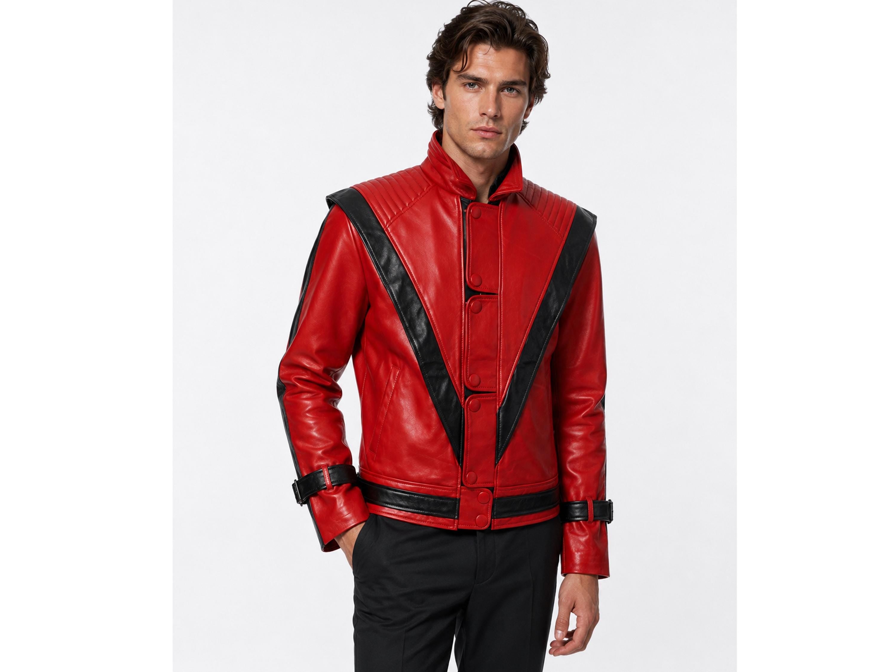 Back of Michael Jackson leather jacket with black V design