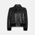 Women Black Shearling Aviator Leather Bomber Jacket