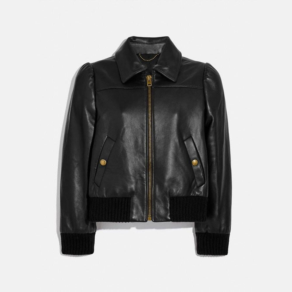 Women Black Shearling Aviator Leather Bomber Jacket