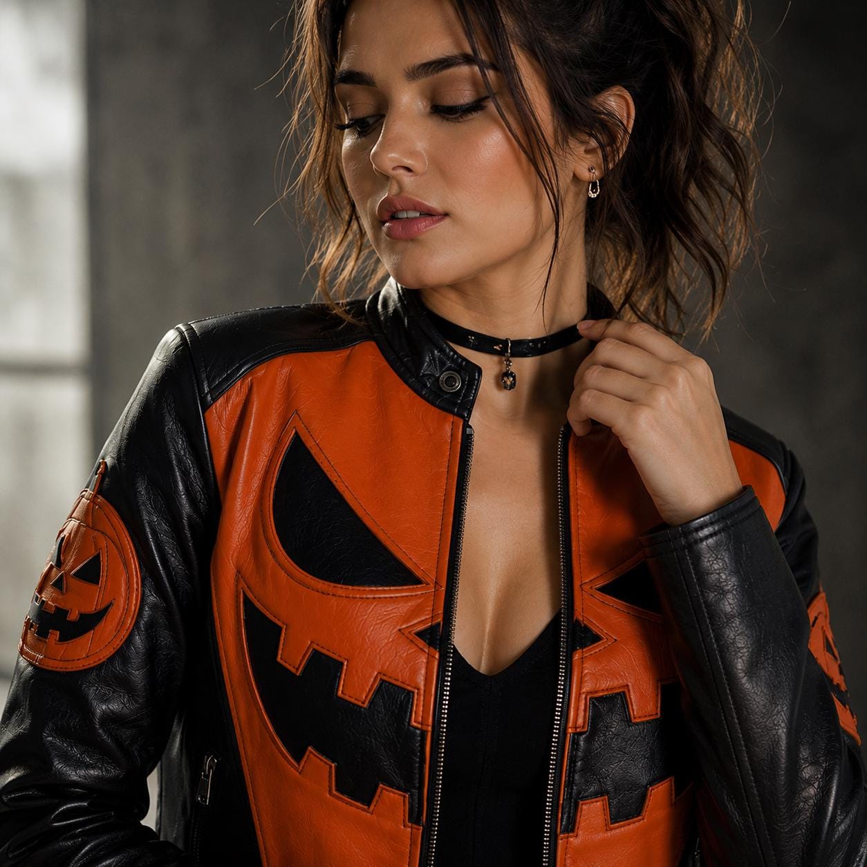 Women Cropped Pumpkin Style Leather Jacket