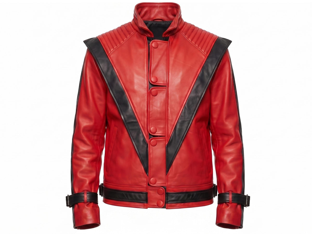 Michael Jackson red and black Thriller leather jacket front view