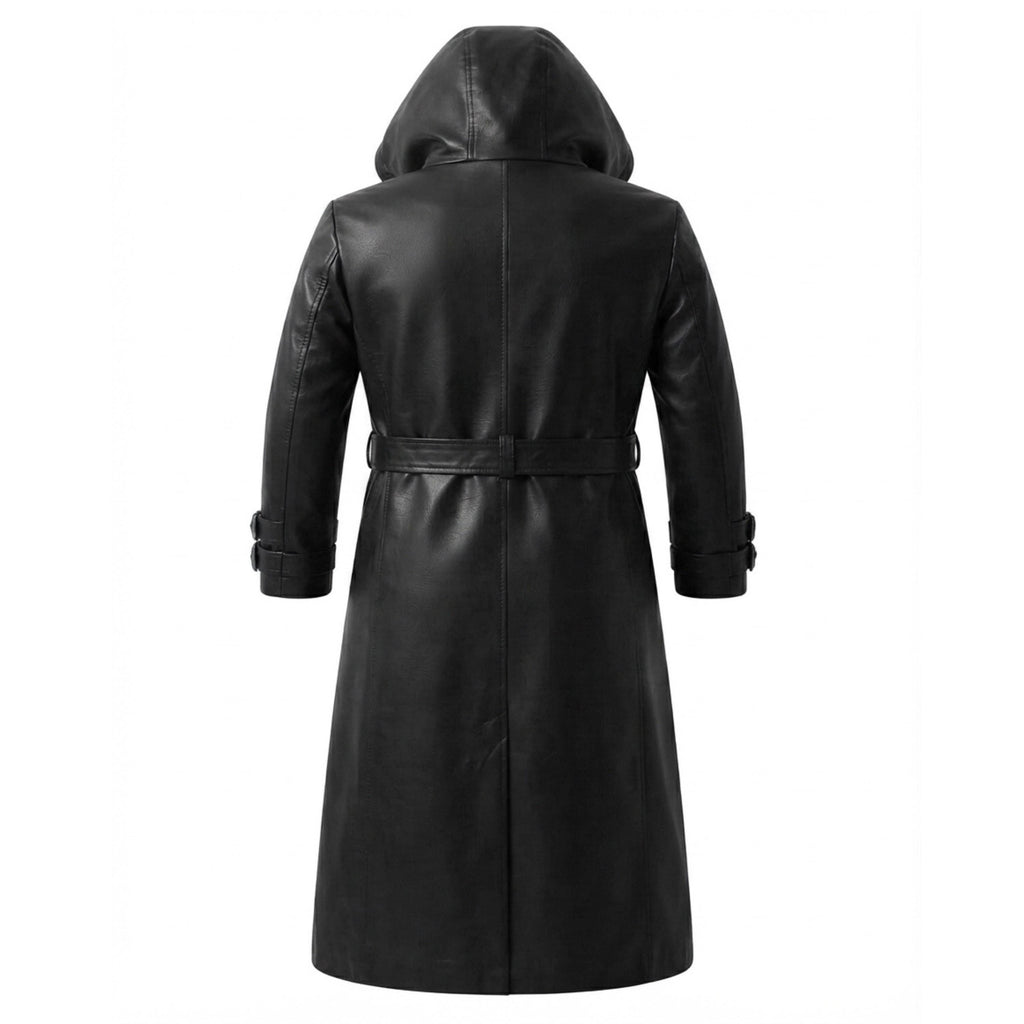 A black hooded trench coat with a matching waist belt, shown from the back on a plain white background.