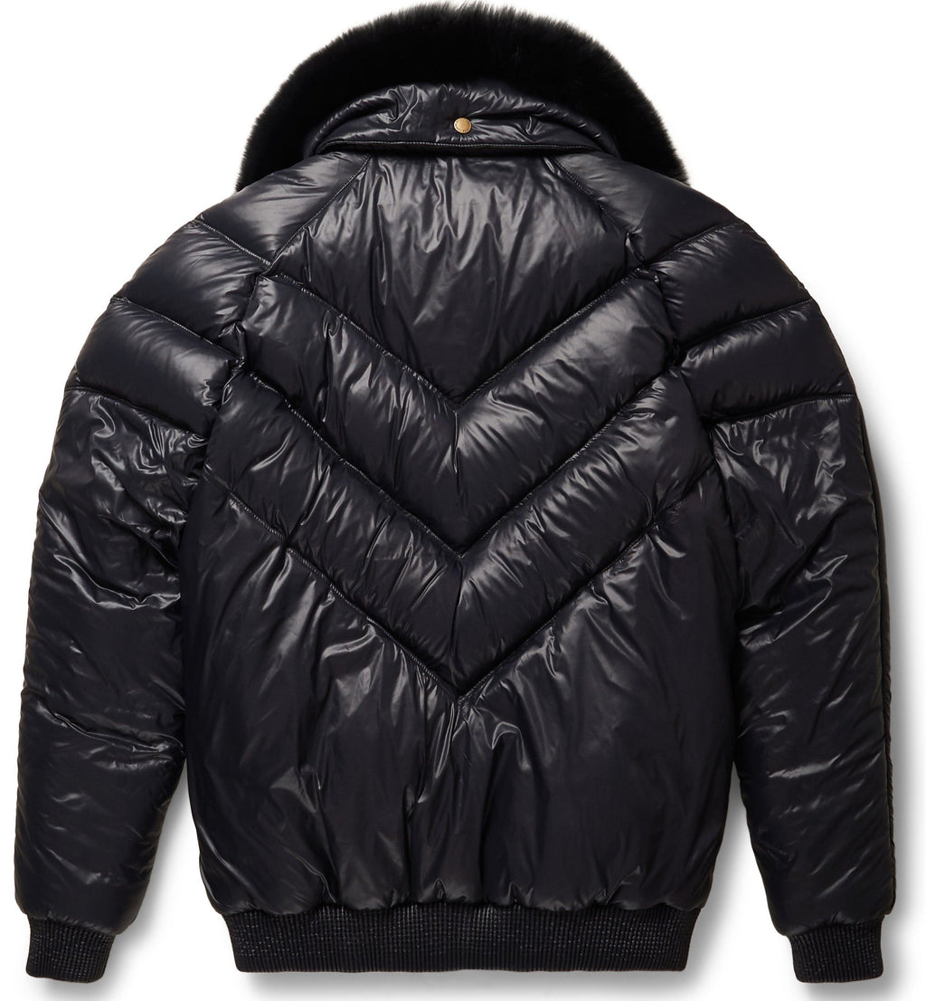 Nylon Black Leather V-Bomber Jacket - Shearling leather