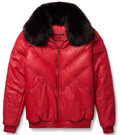 Red Leather V-Bomber Jacket - Shearling leather