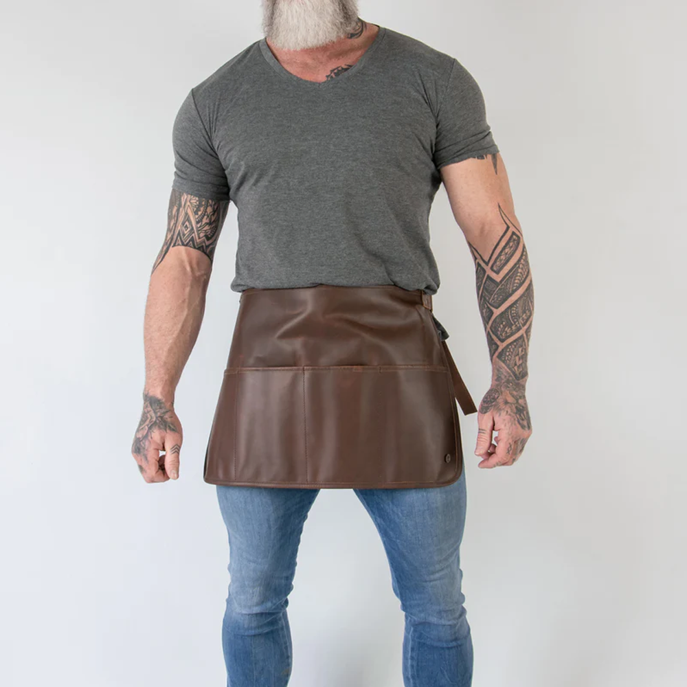 Men Brown Sheepskin Handmade Half Apron With Four Front Pockets