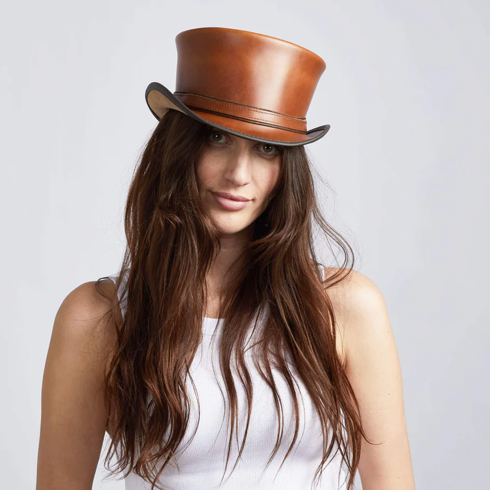 New Western Cowboy Lambskin Leather Hat Shine Brown For Women