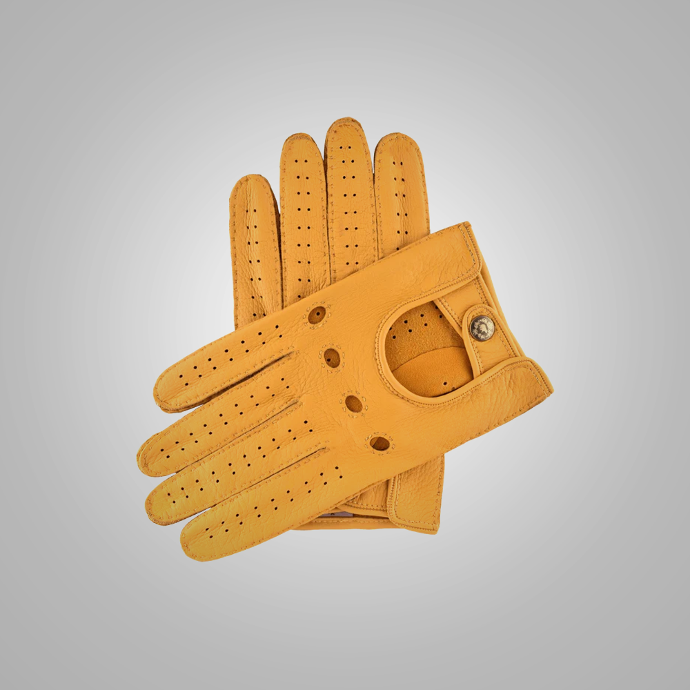 Yellow leather glove on a gray background