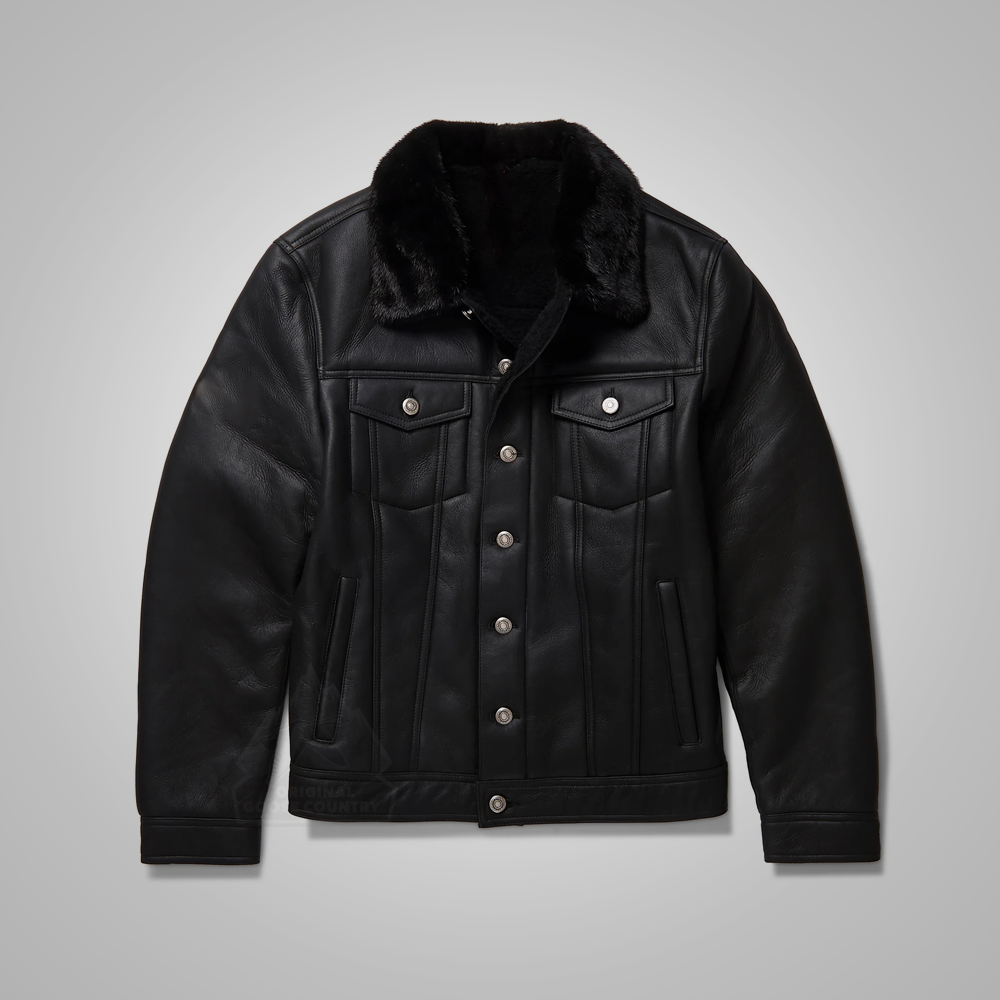 Men's Black B3 Shearling Real Sheepskin Leather Trucker Flying Jacket