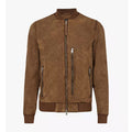 Mens Brown Suede Real Leather Bomber Jacket