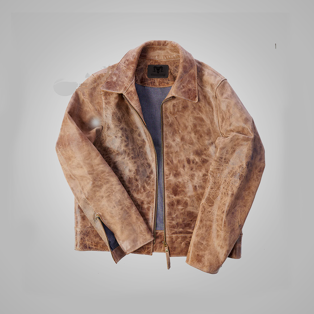 Mens Brown Vintage Distressed Real Leather Two Pocket Jacket