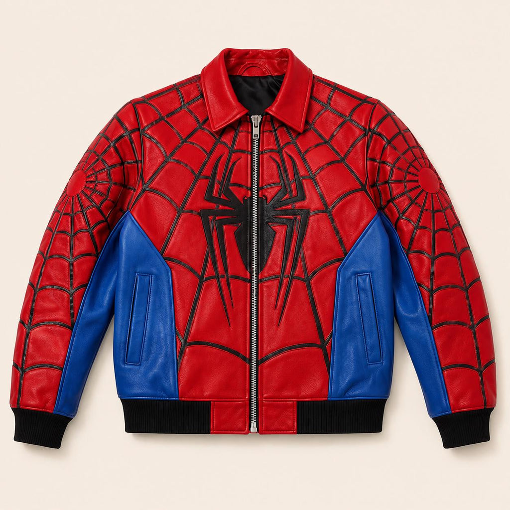 Spider-Man red and blue sheepskin leather jacket front view