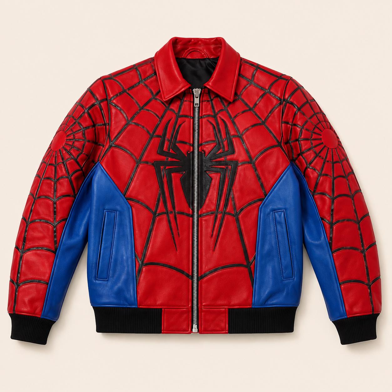 Spider-Man red and blue sheepskin leather jacket front view