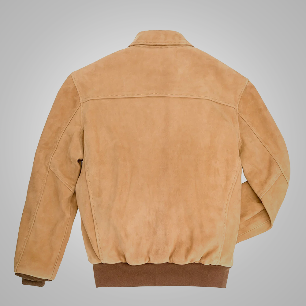 Rear view of light brown suede flight jacket with rib-knit waistband