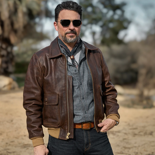 Brown Men flying RAF  Aviator Cowhide Leather Biker Jacket
