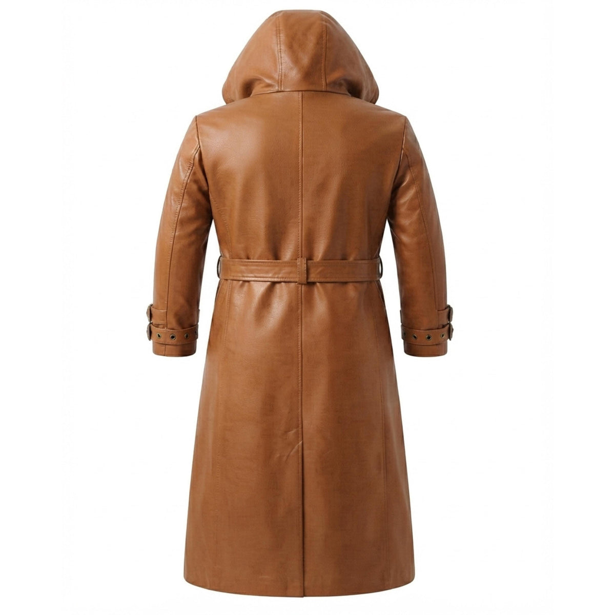 A brown leather hooded trench coat shown from the back, featuring a waist belt and buttoned cuffs, set against a plain white background.