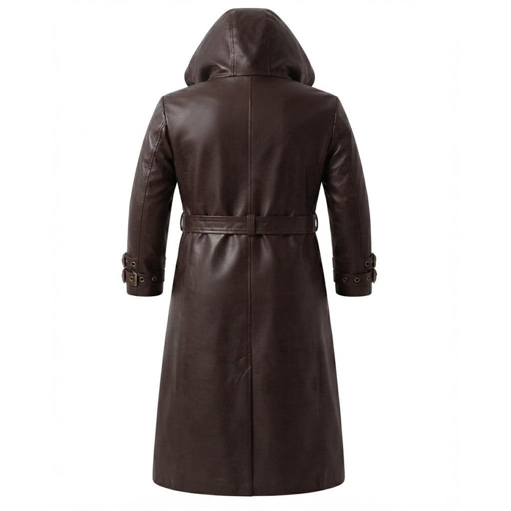 A dark brown leather hooded trench coat shown from the back, featuring a waist belt and buttoned cuffs, set against a plain white background.