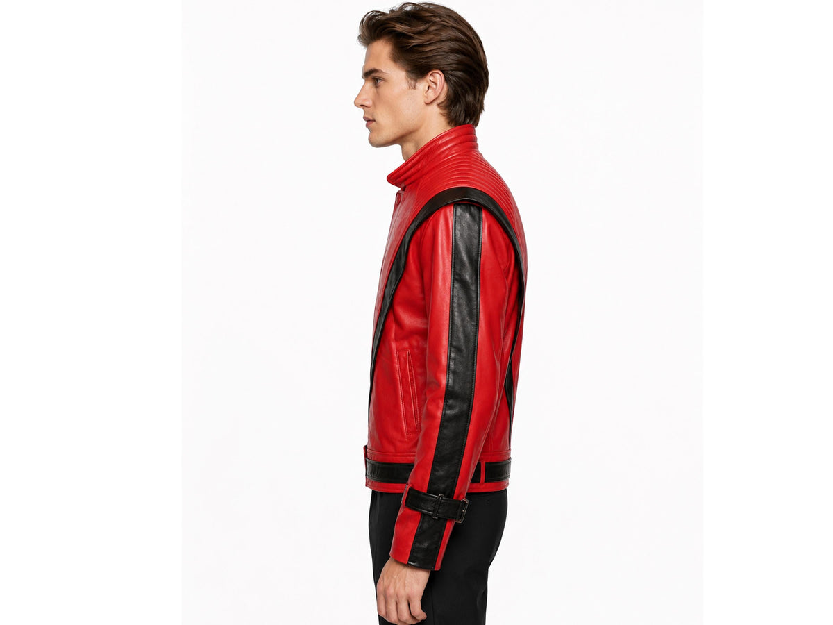 Side view of red Thriller jacket with black sleeve stripe