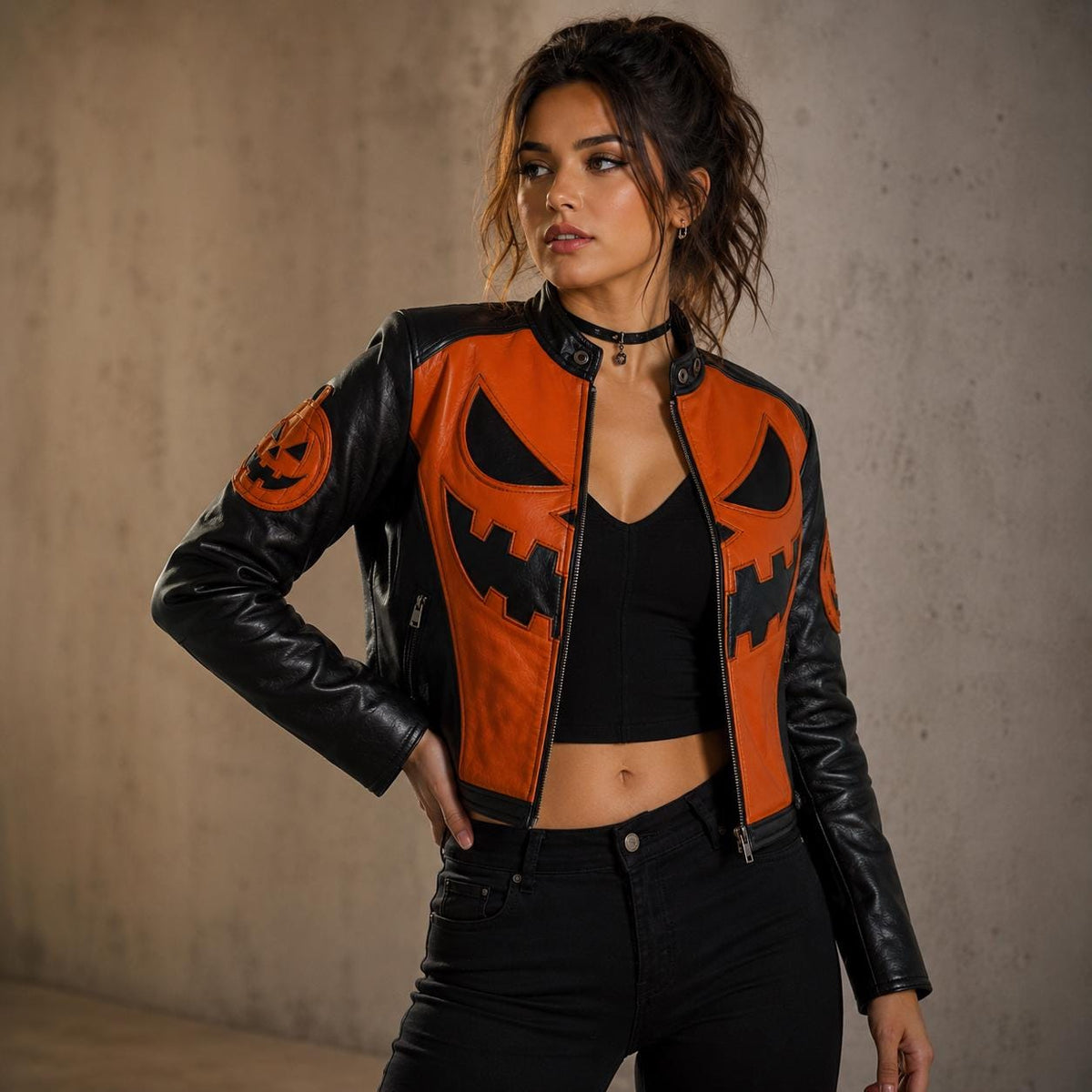 Women Cropped Pumpkin Style Leather Jacket